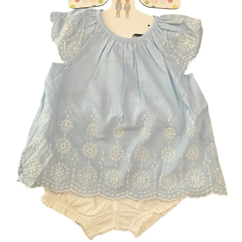 Little Me Girl’s Blue and White Eyelet Dress Outfit Set Size 24 Month’s NWT